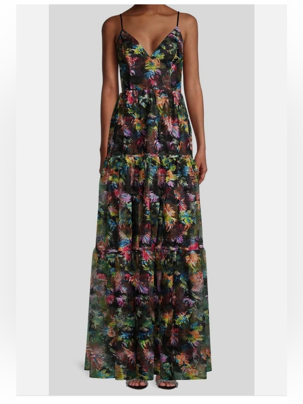 $350 Aidan By Aidan Mattox Womens Black V-Neck Tiered Lace Maxi Dress Size 6!!